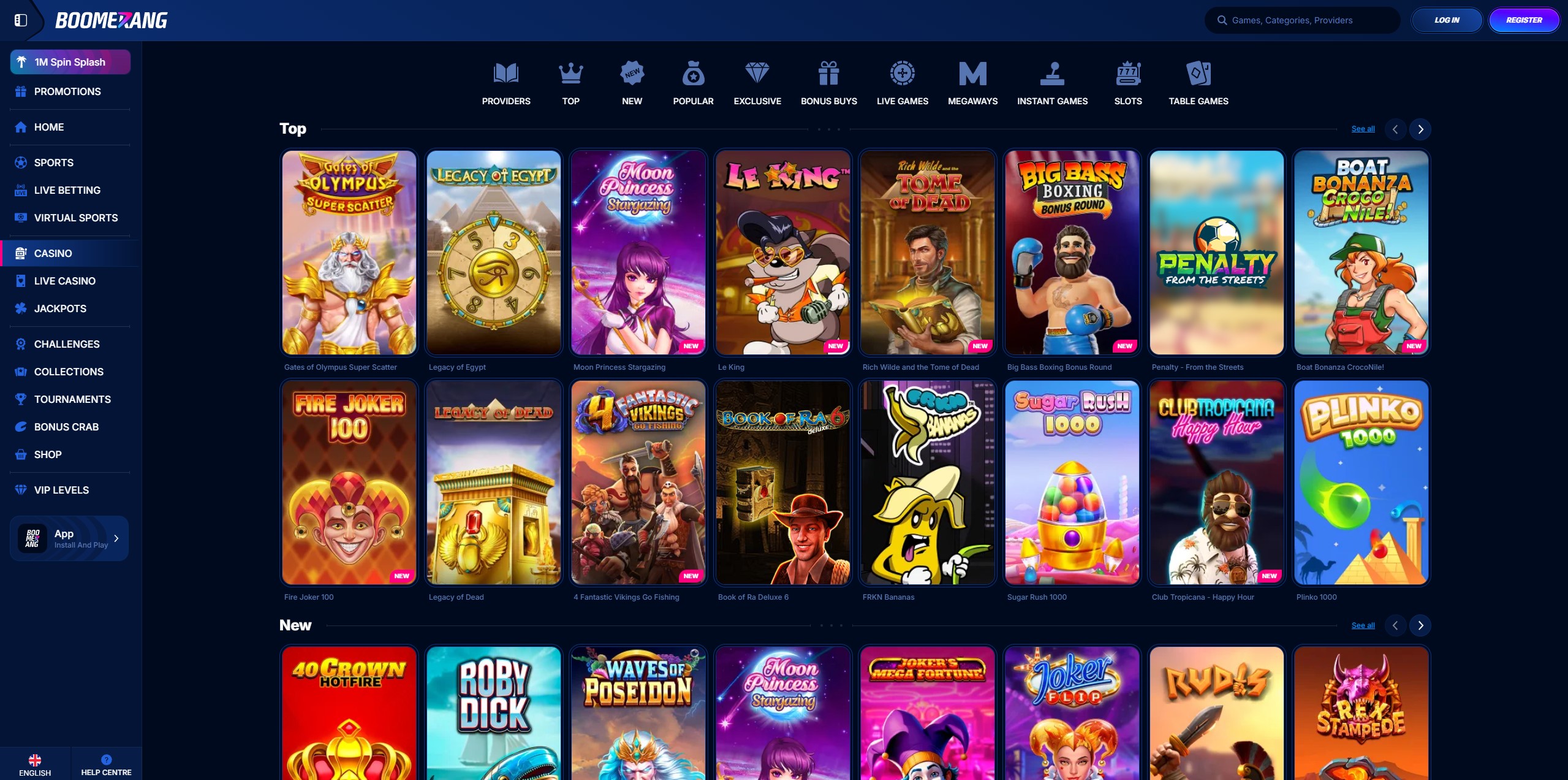 Screenshot of the online slots lobby at Boomerang Casino