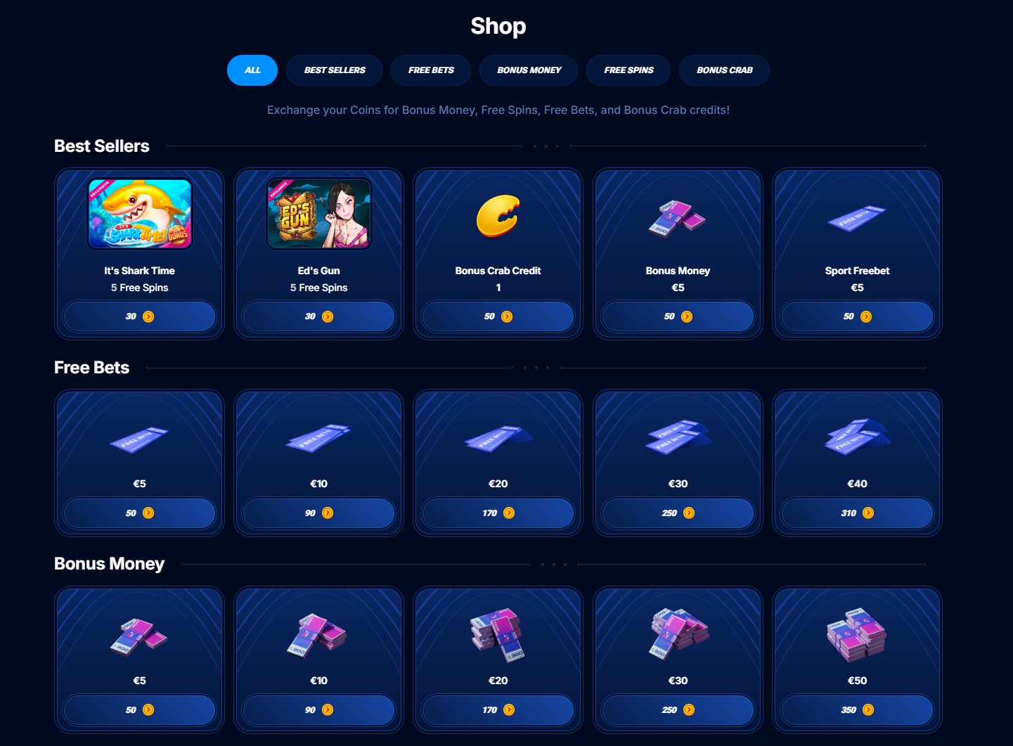 Screenshot of the Boomerang Bet bonus shop showing free bets and bonus money options.